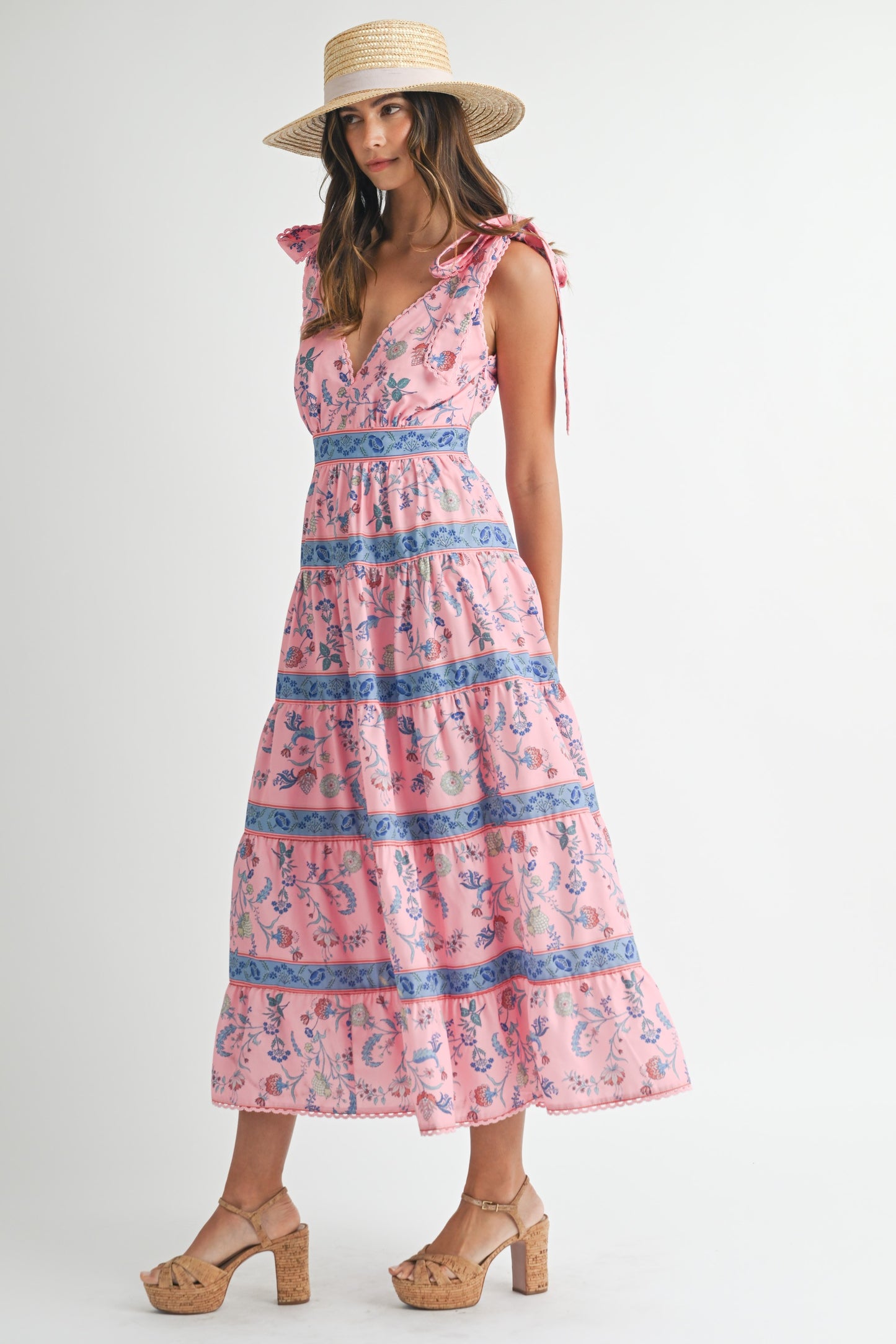 Floral Print Tiered Midi Dress With Shoulder Tie