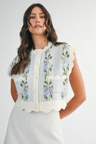 Floral Jacquard Scallop Edge Button Down Knit Vest