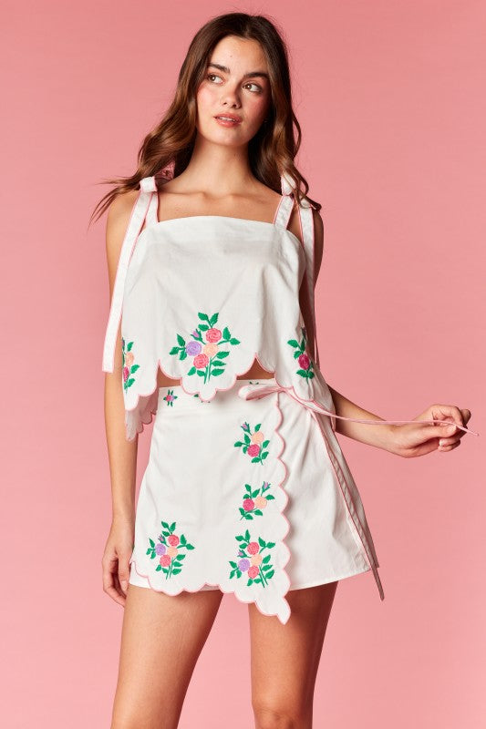 Floral Scallop Embroidery Top & Wrap Pants Set