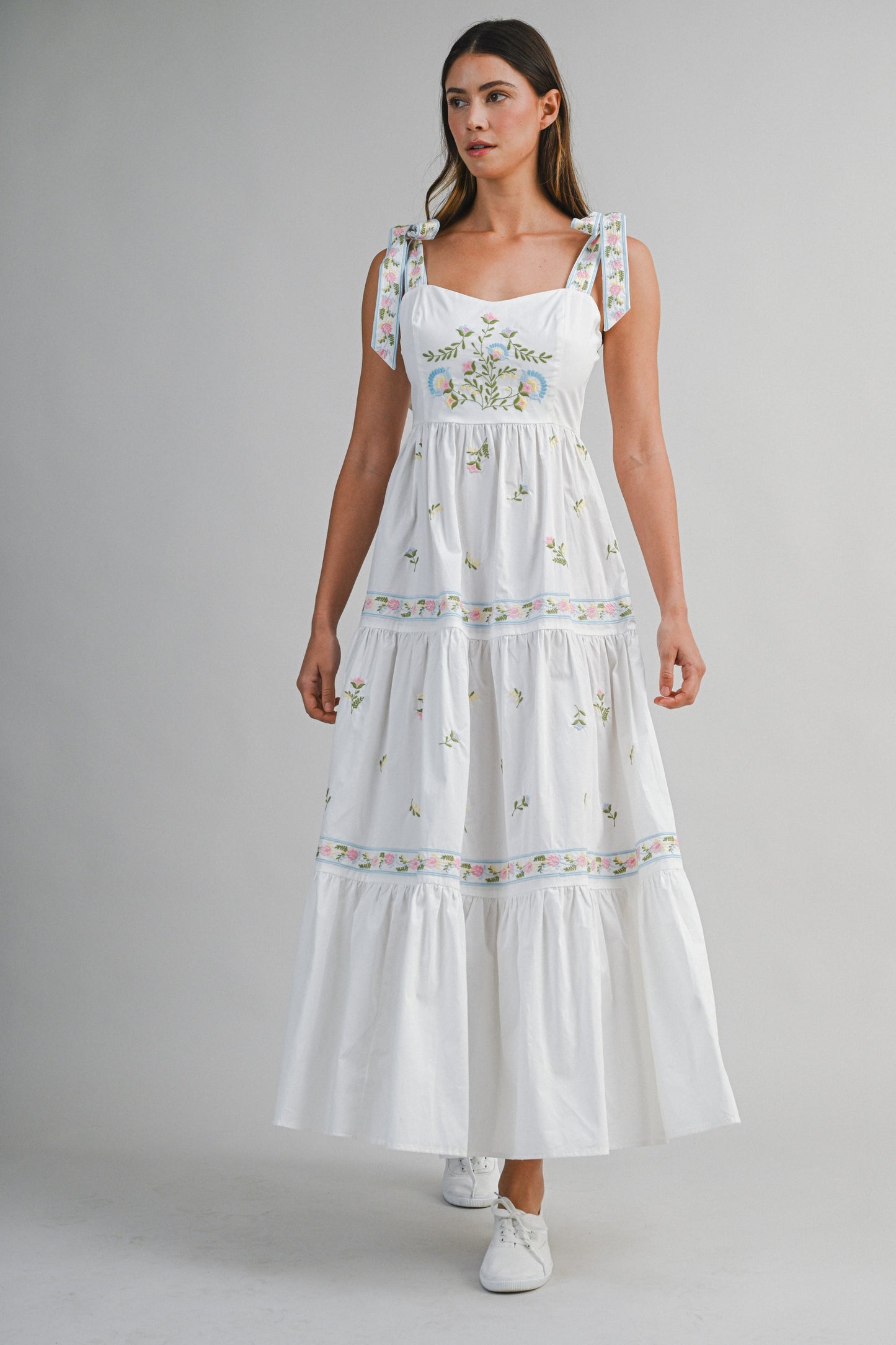 Embroidered Sweetheart Neck Self Tie Strap Tiered Midi Dress
