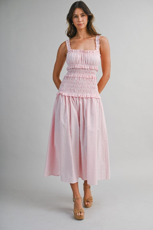 Stripe Square Neck Ruffle Shoulder Strap Smock Midi Dress