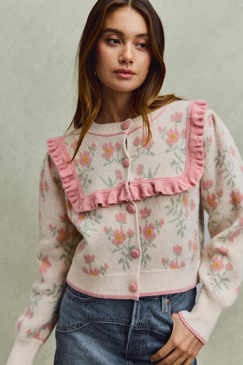 Flower With Ruffle Detailing Sweater Cardigan Top