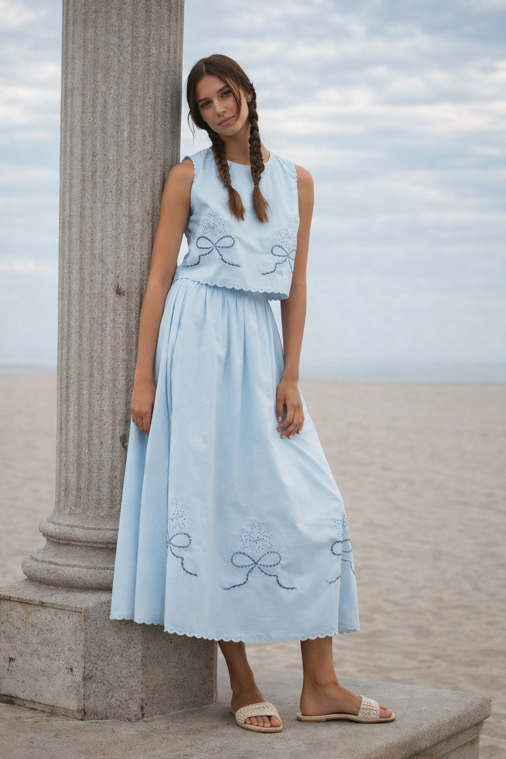 Linen Eyelet Scallop Edge Crop Top And Skirt Set