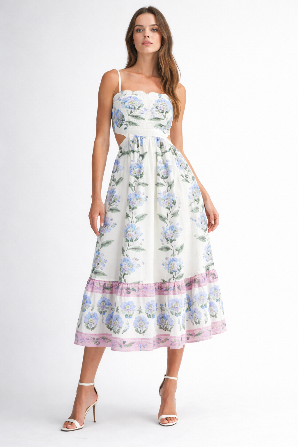 Floral Border Print Cut Out Detail Midi Dress