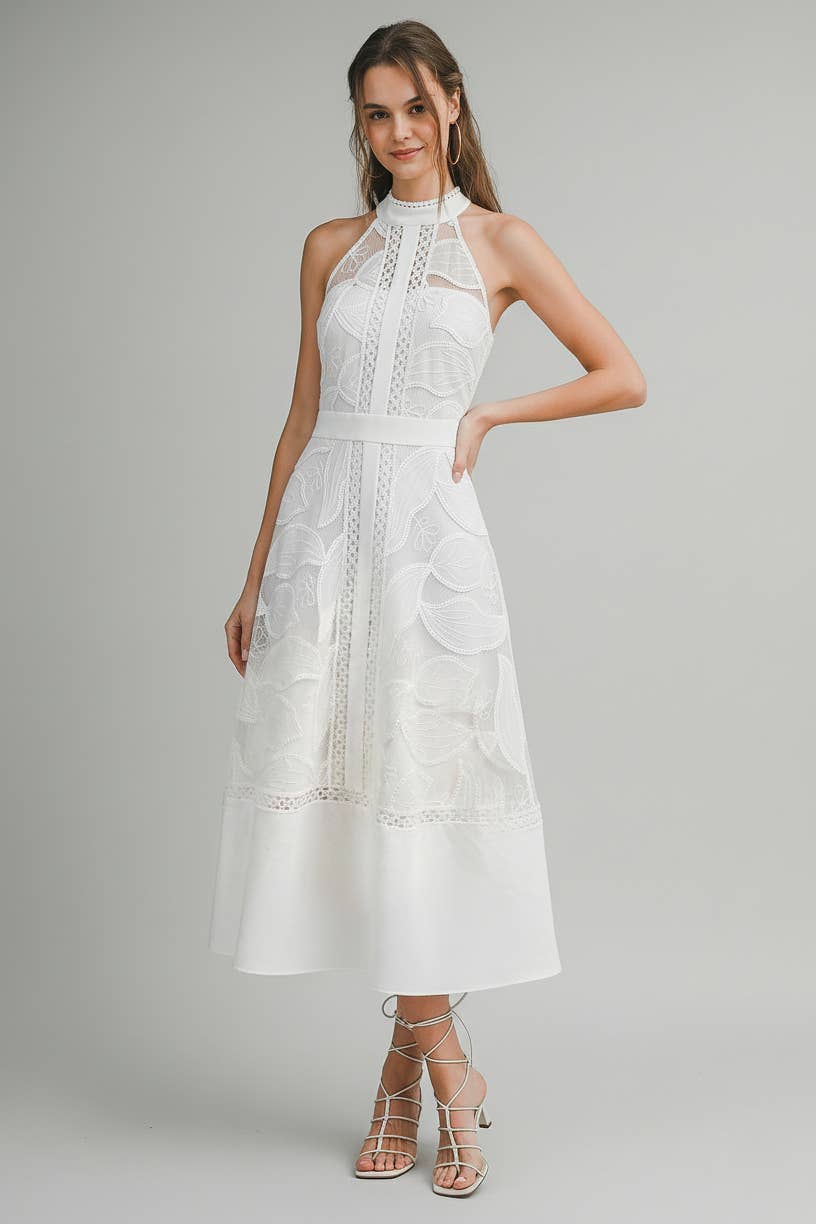 High Neck Lace Midi Dress