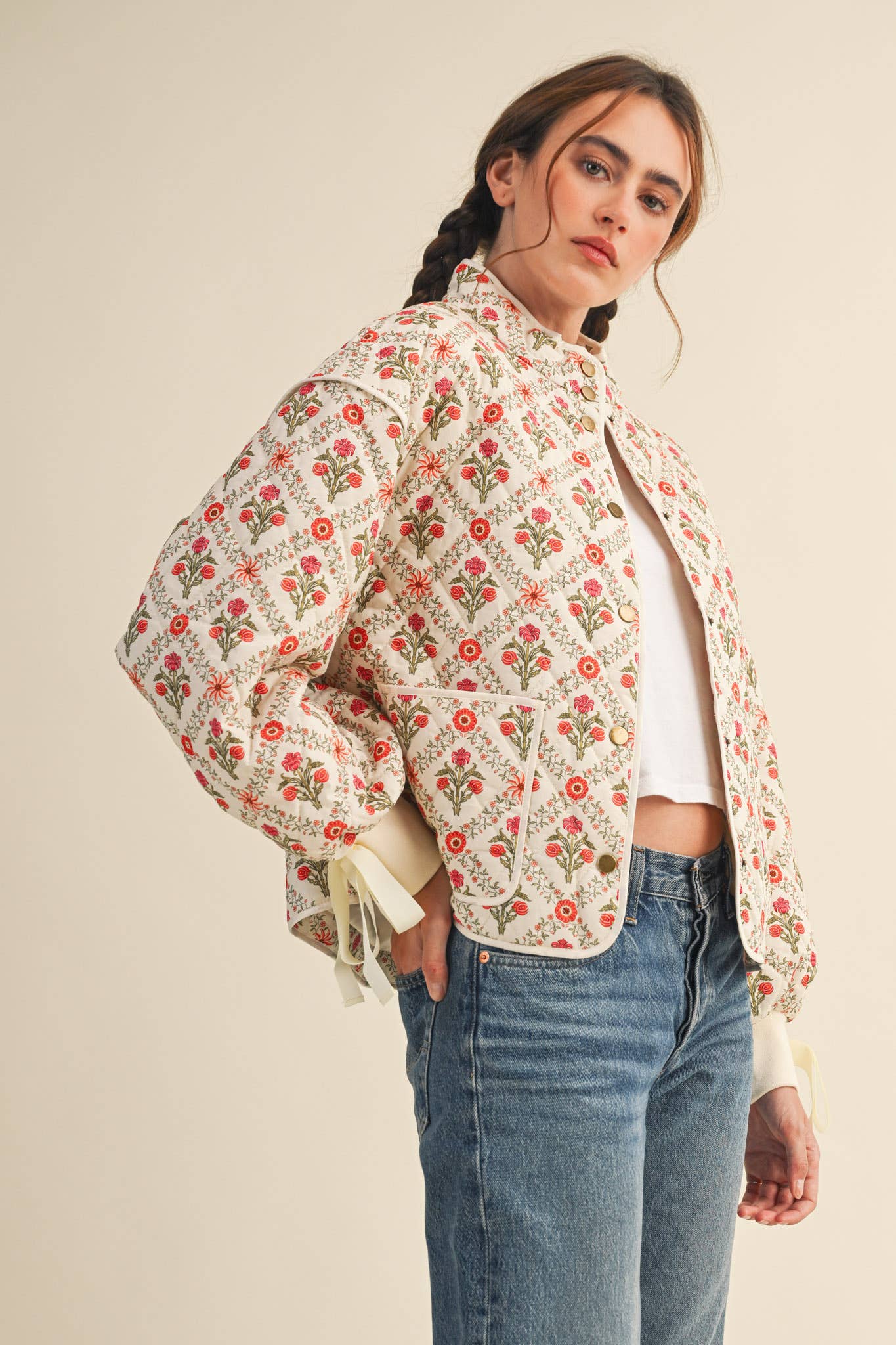 FLORAL QUILTED JACKET WITH RIBBON DETAIL
