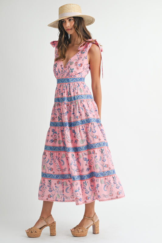 Floral Print Tiered Midi Dress With Shoulder Tie