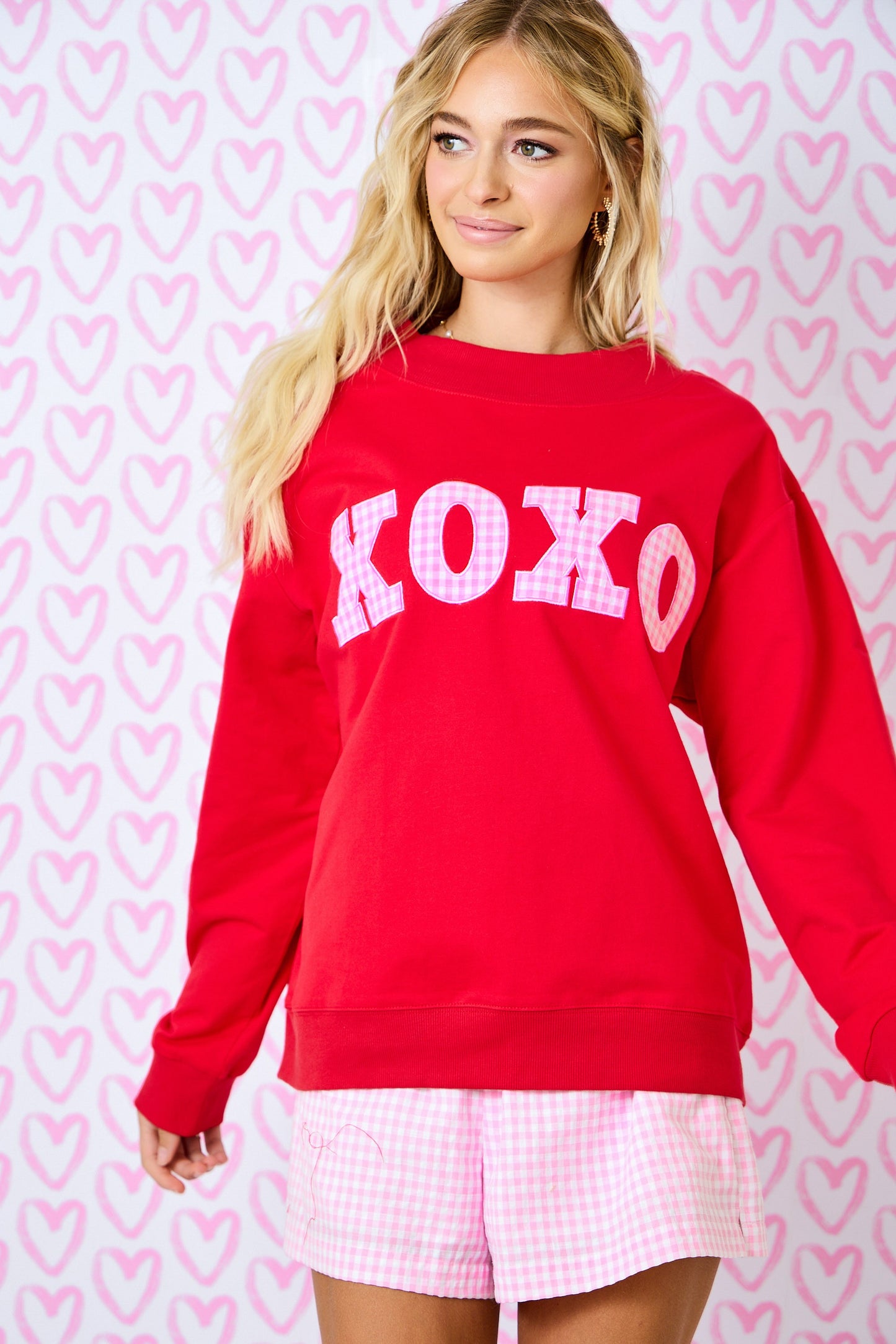 Mock Neck Sweatshirt W/gingham Xoxo Patch Applique