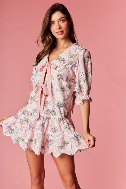 Pink Floral Eyelet Bow Set