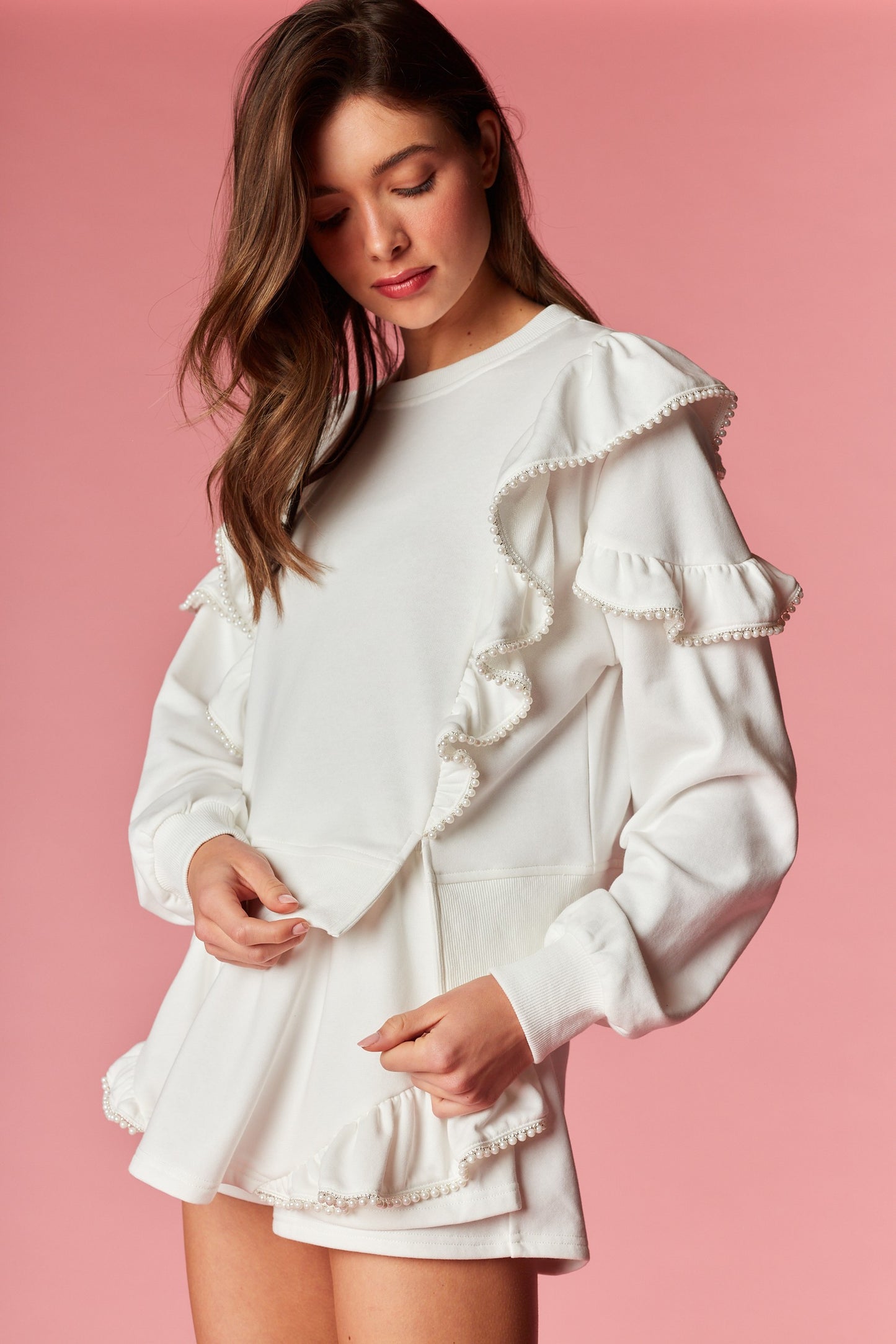 Pearl Trim Ruffle Lounge Set