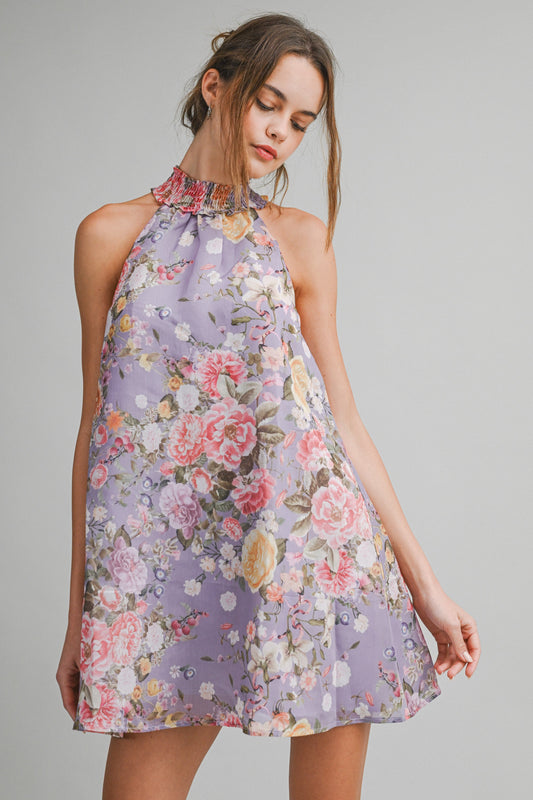 Floral Halter Mini A-line Swing Dress