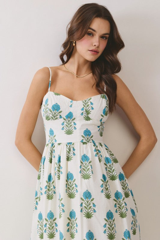 Floral Print Back Zipper Sweetheart Midi Dress