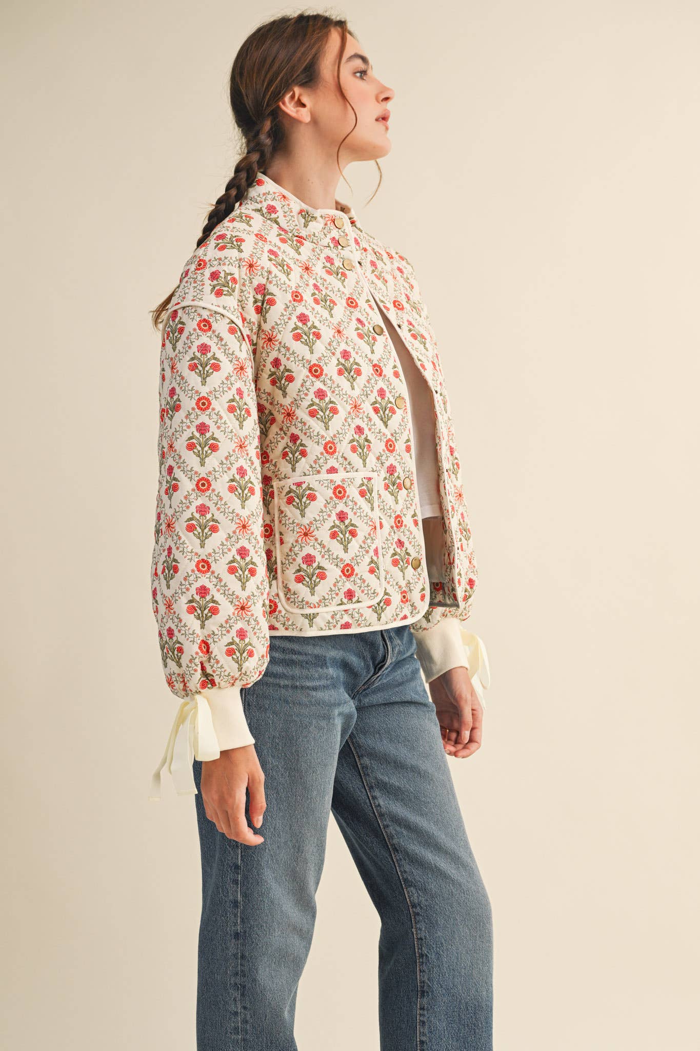 FLORAL QUILTED JACKET WITH RIBBON DETAIL