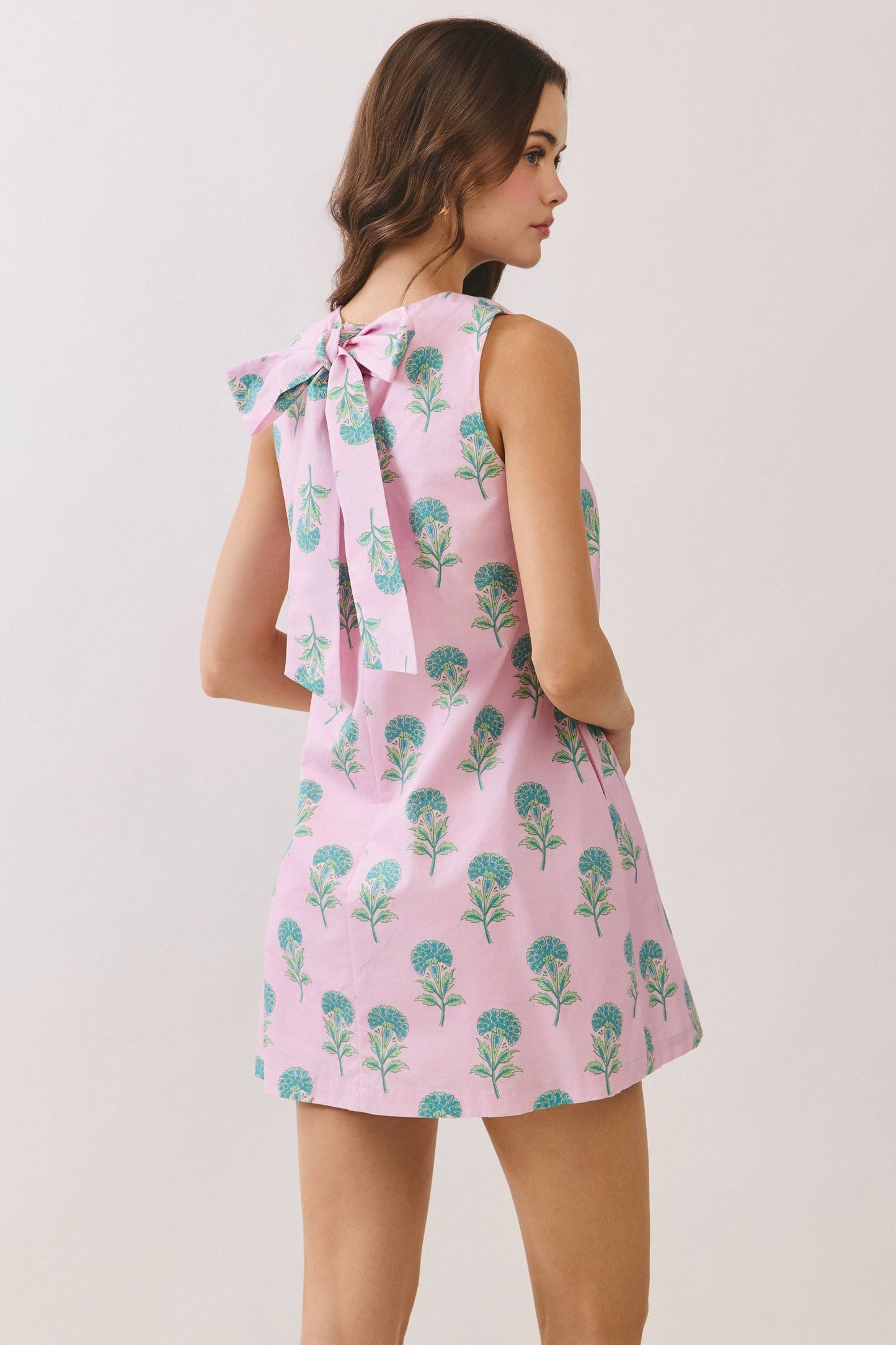 Pink Floral Round Neck Back Tie Mini Dress