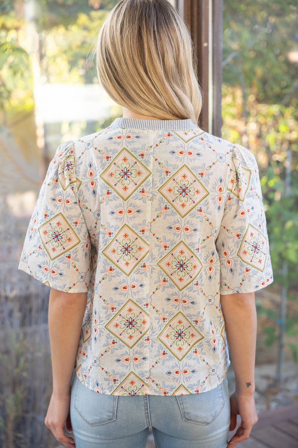 Wave Trim Striped Yoke Embroidery And Printed Top