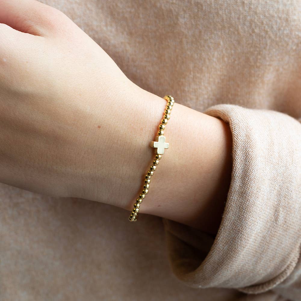 Faith Over Fear Gold Beaded Stretch Bracelet w/ Cross