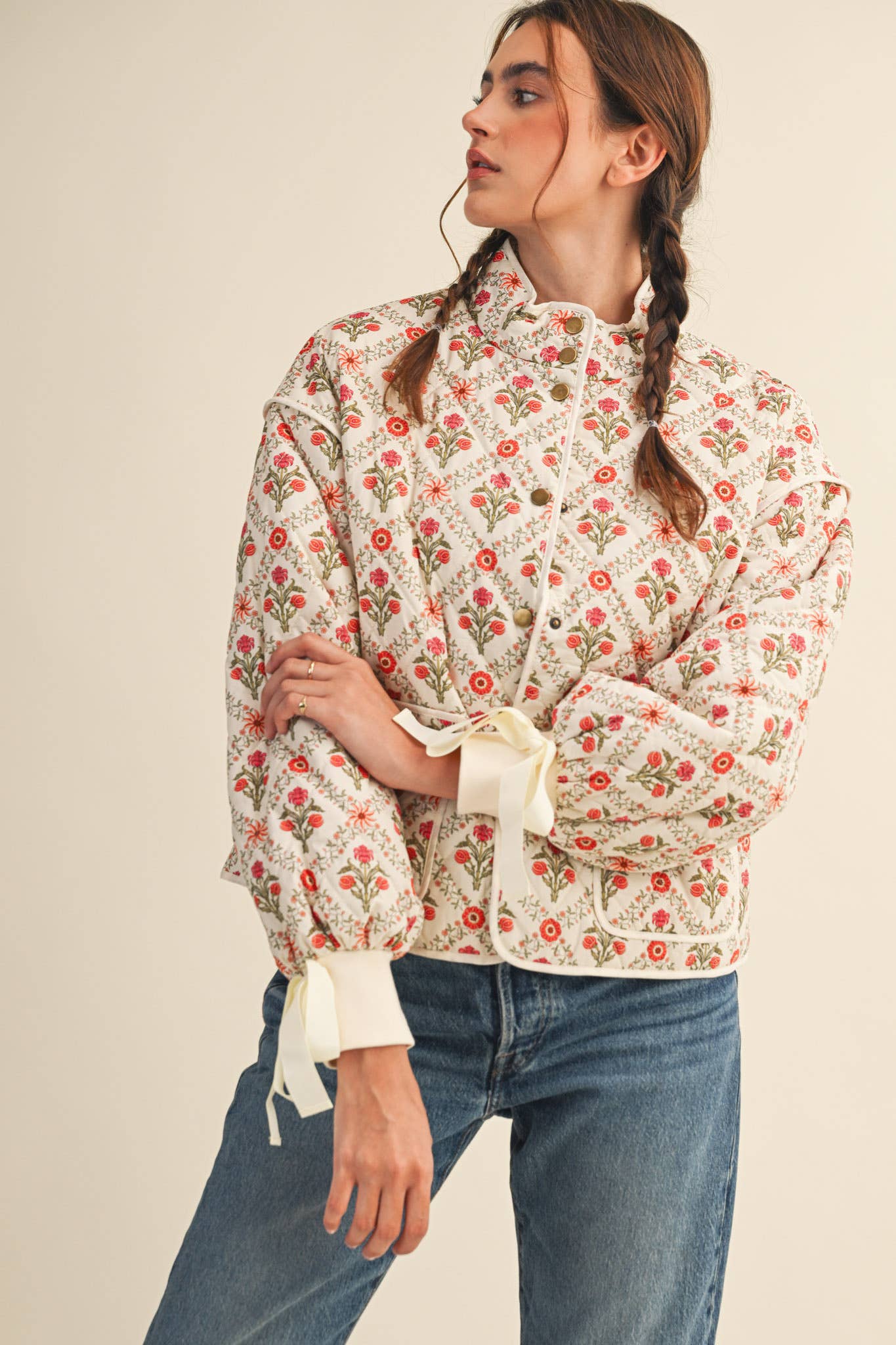 FLORAL QUILTED JACKET WITH RIBBON DETAIL