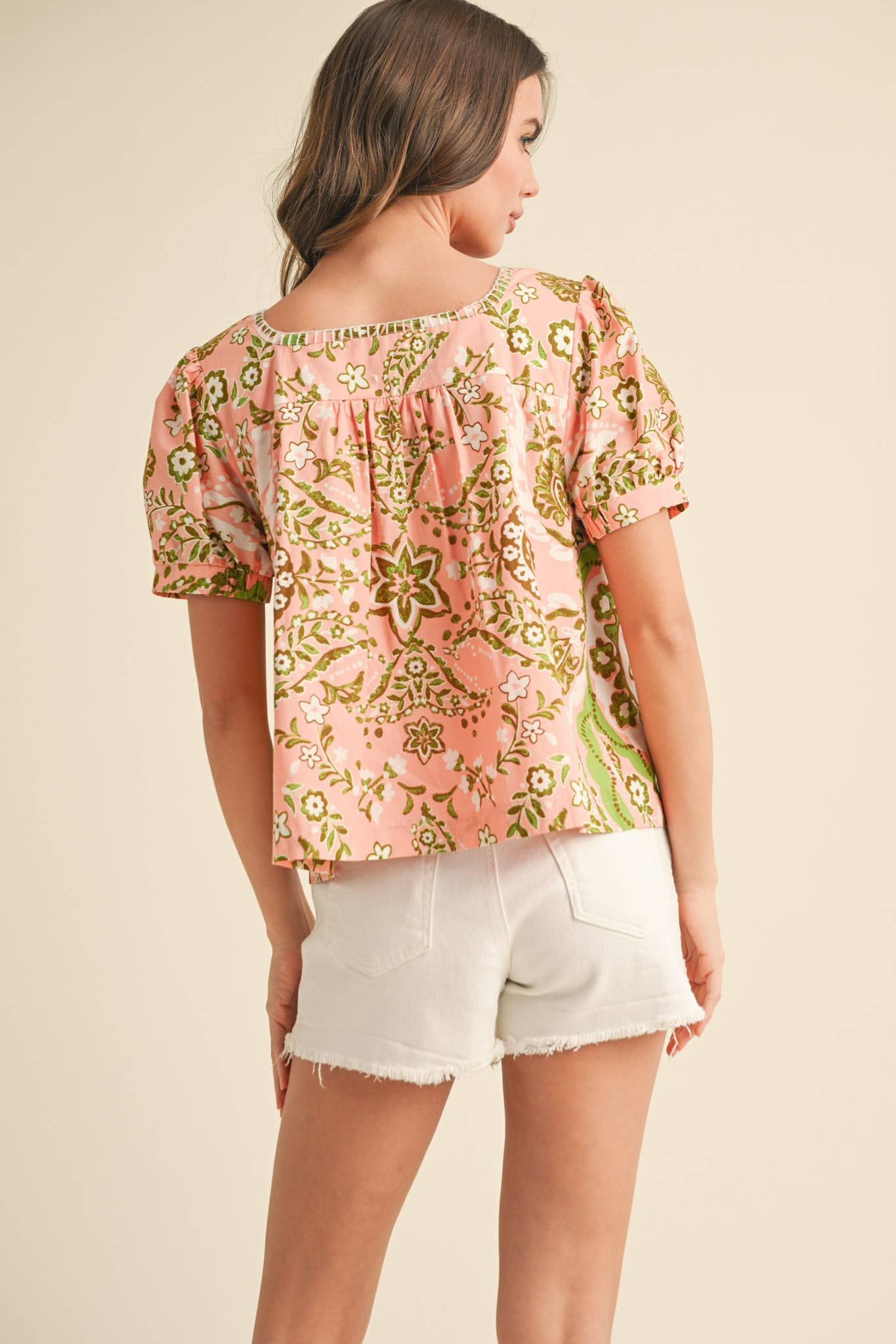 MEDALLION PRINT TIE FRONT PUFF SLEEVE TOP MTP3930