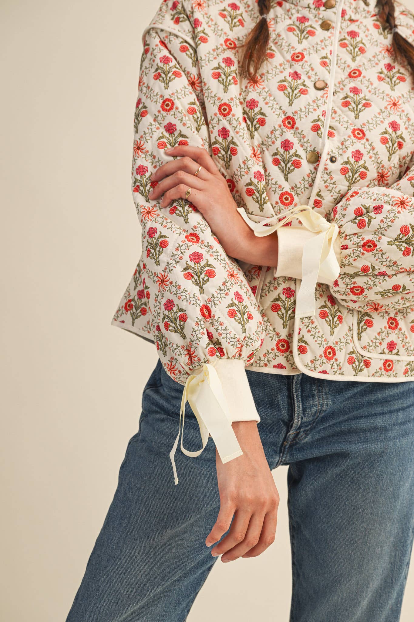 FLORAL QUILTED JACKET WITH RIBBON DETAIL