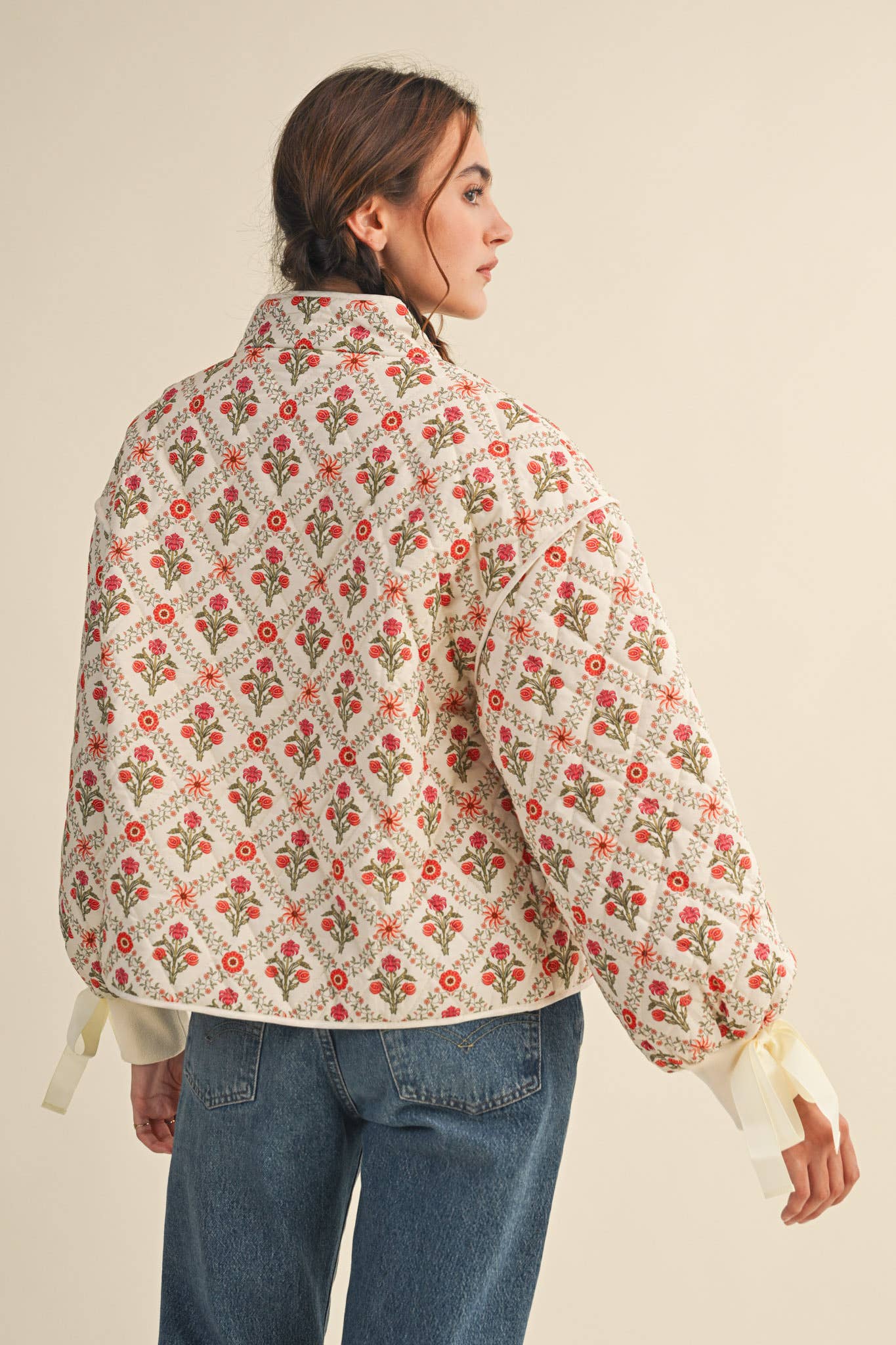 FLORAL QUILTED JACKET WITH RIBBON DETAIL