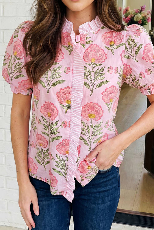 Floral Ruffle Striped Trim Puff Sleeve Shirt
