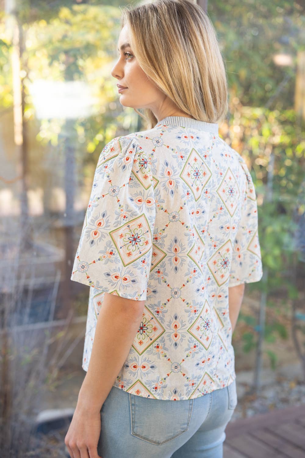 Wave Trim Striped Yoke Embroidery And Printed Top