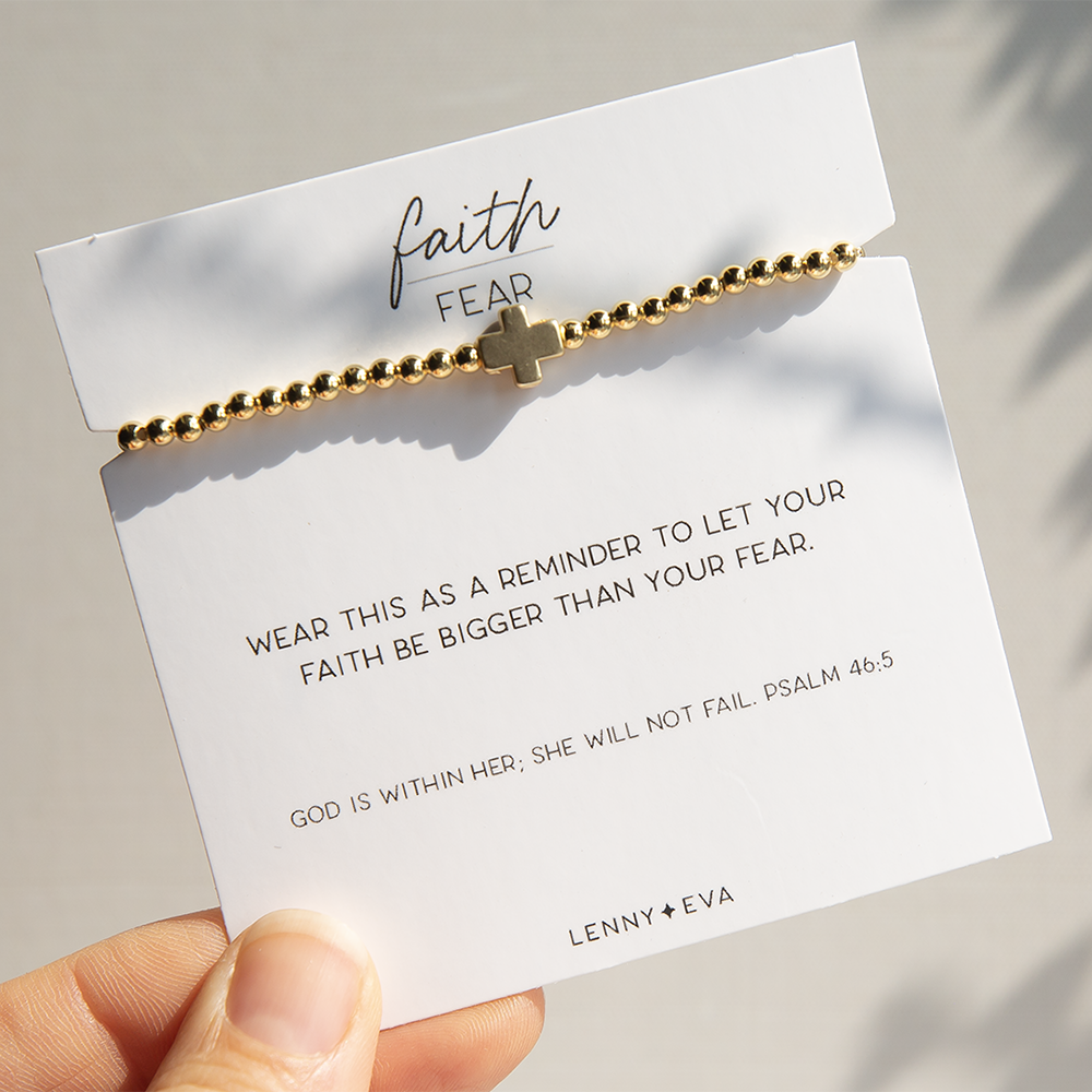Faith Over Fear Gold Beaded Stretch Bracelet w/ Cross