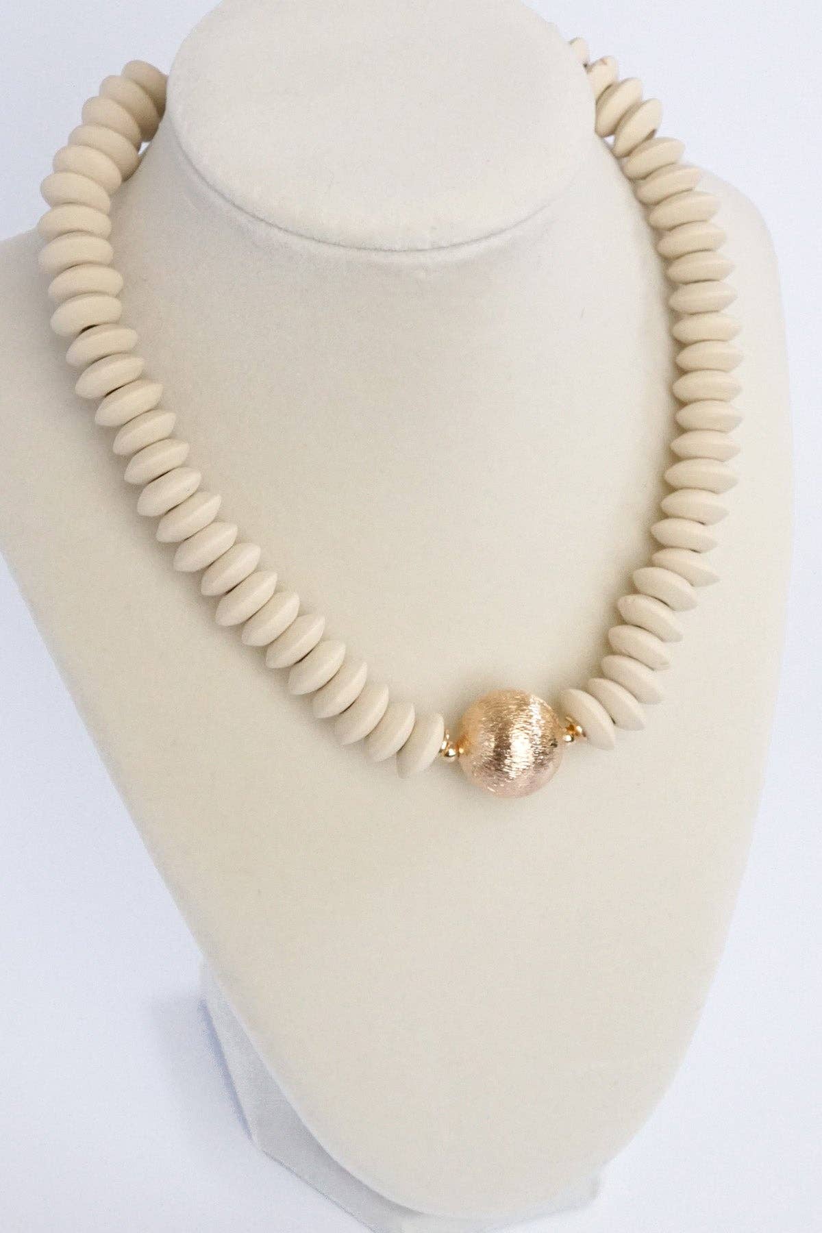 Wood Saucer Beads Short Statement Necklace Gold center Hot Pink Beige Turquoise