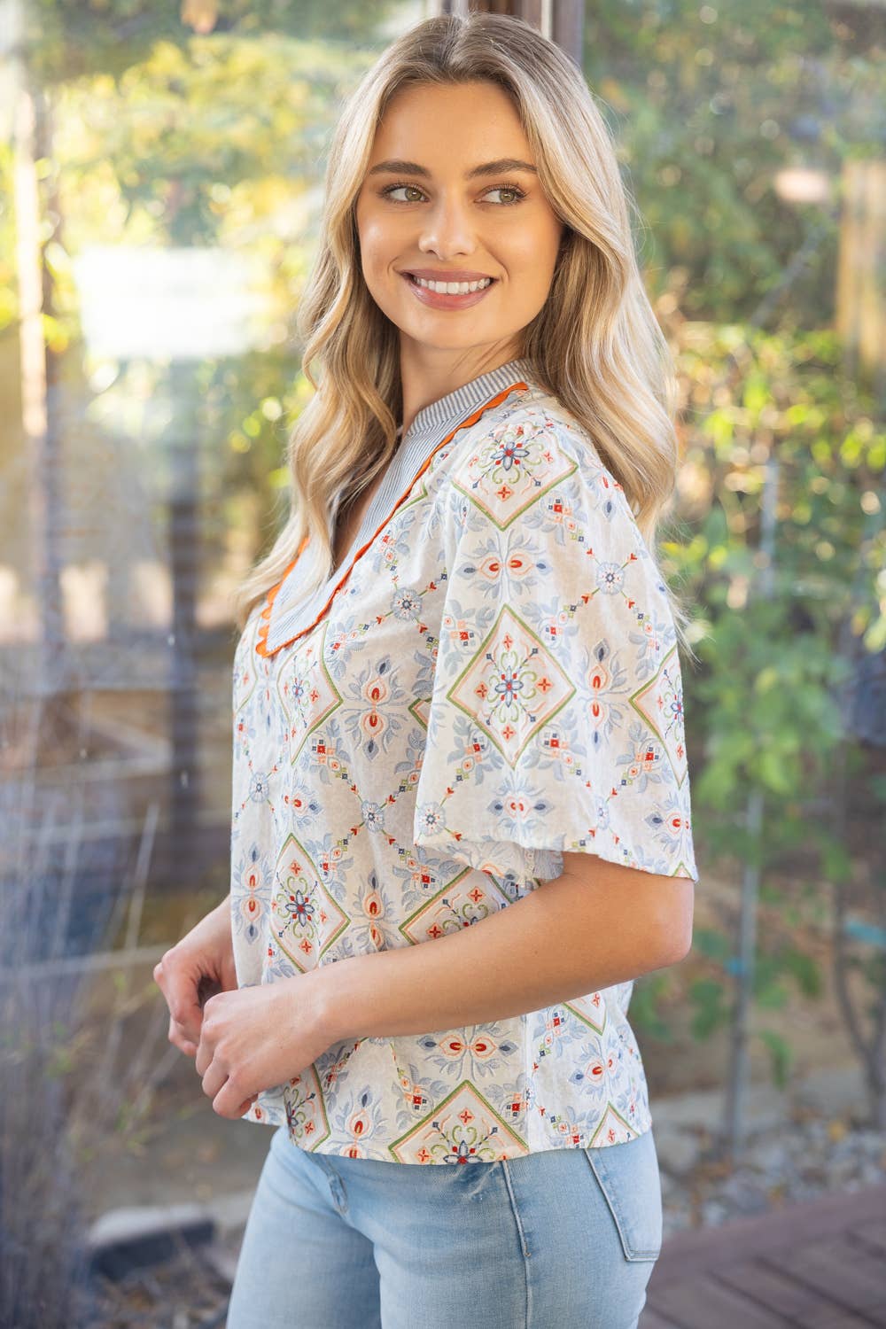 Wave Trim Striped Yoke Embroidery And Printed Top