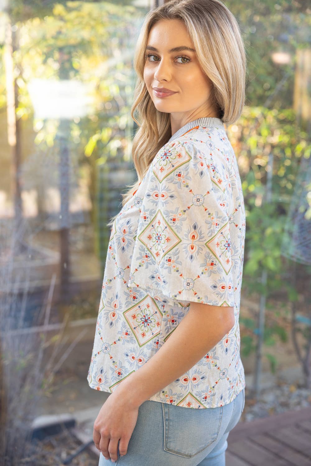 Wave Trim Striped Yoke Embroidery And Printed Top