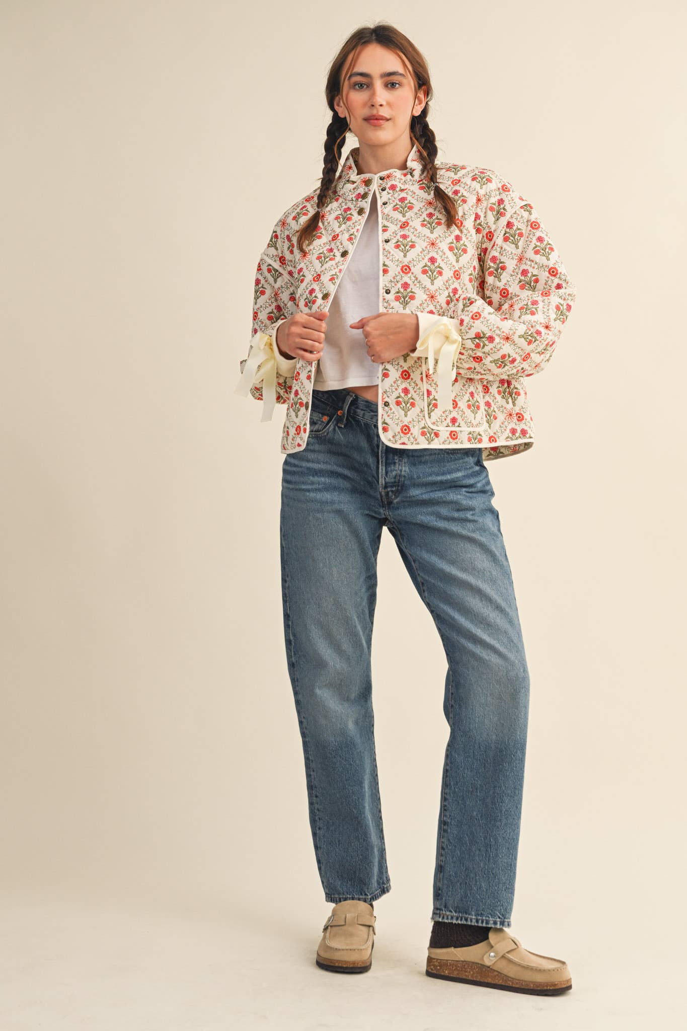 FLORAL QUILTED JACKET WITH RIBBON DETAIL