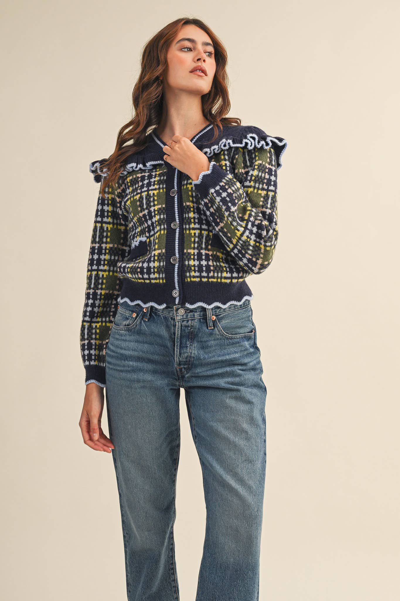 RUFFLED YOKE PLAID SWEATER CARDIGAN