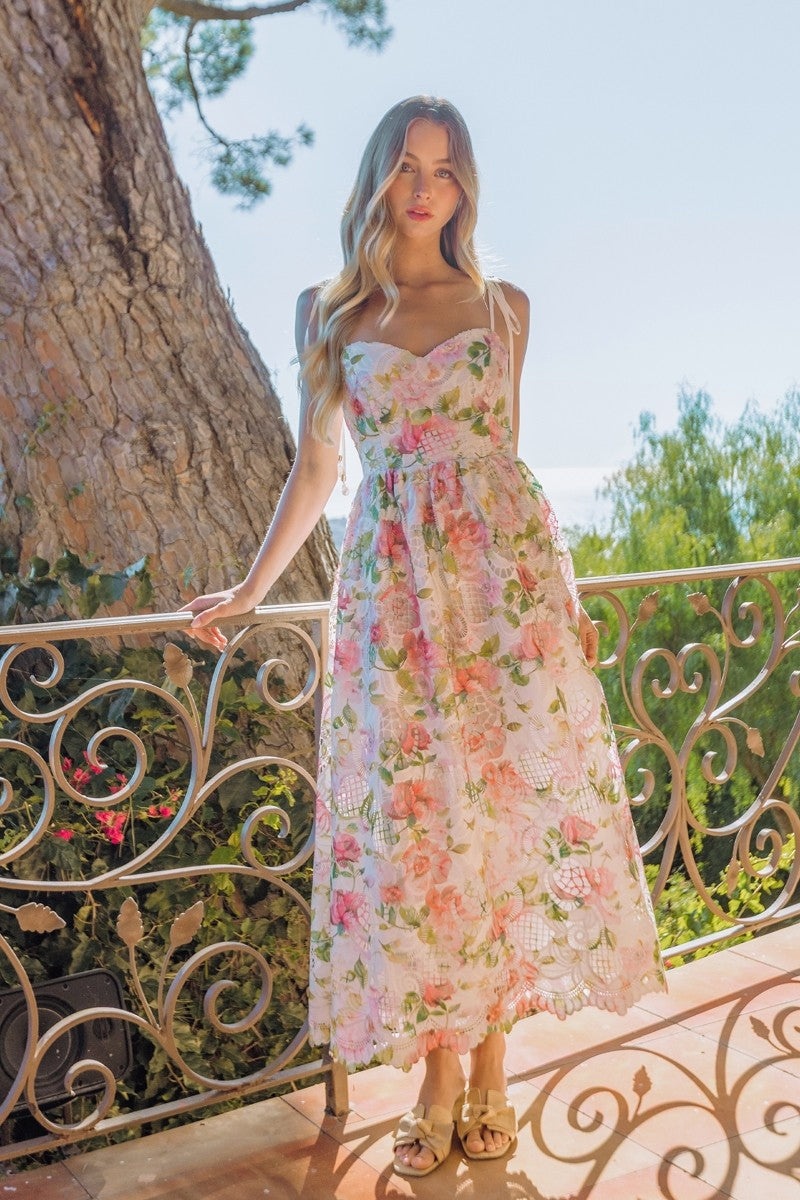 Corset Fit-and-flare Midi Dress With Pearl Trim Strap