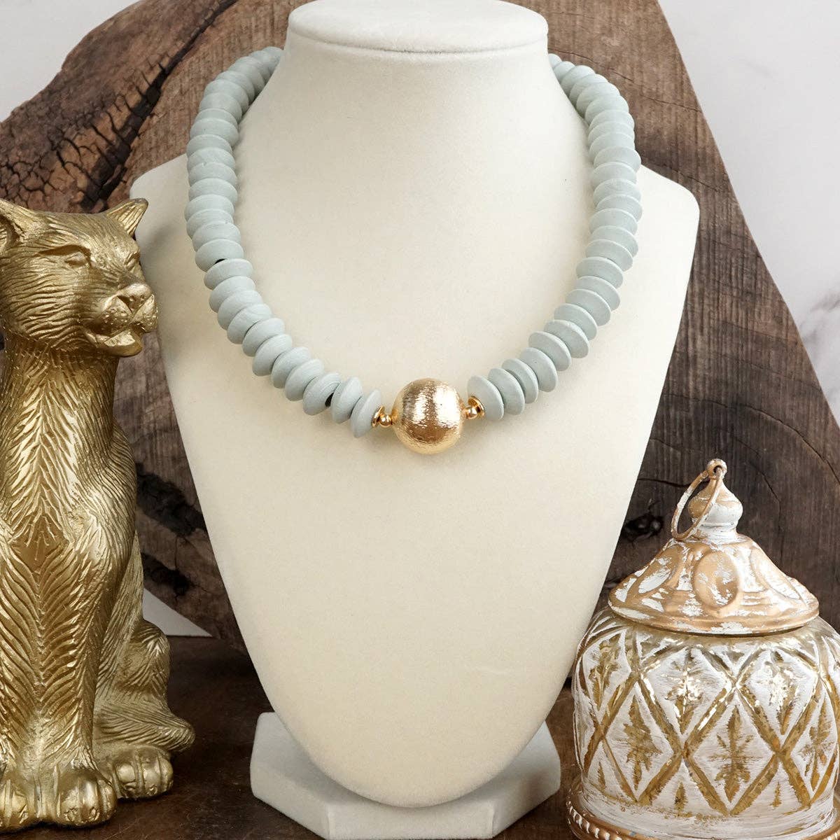 Wood Saucer Beads Short Statement Necklace Gold center Hot Pink Beige Turquoise