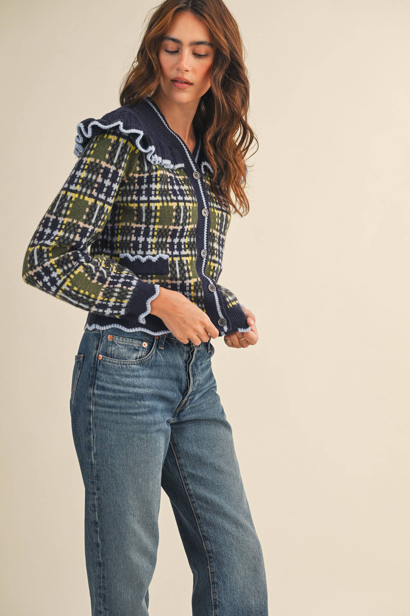 RUFFLED YOKE PLAID SWEATER CARDIGAN