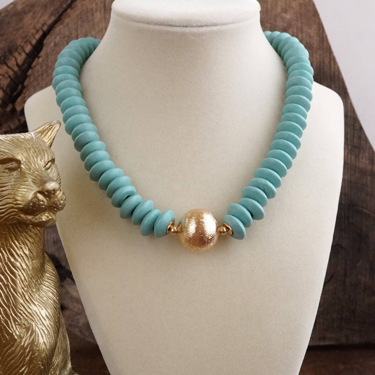 Wood Saucer Beads Short Statement Necklace Gold center Hot Pink Beige Turquoise