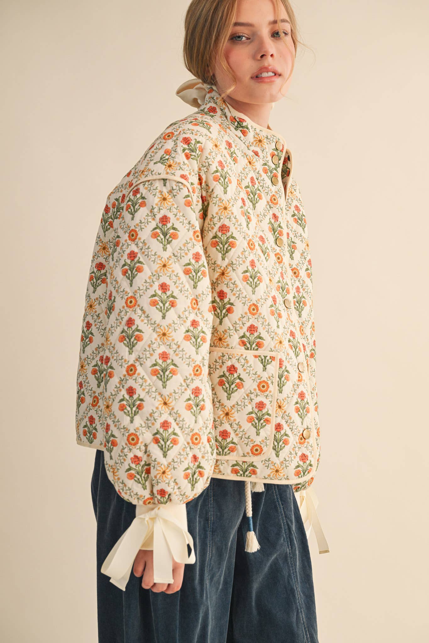 FLORAL QUILTED JACKET WITH RIBBON DETAIL