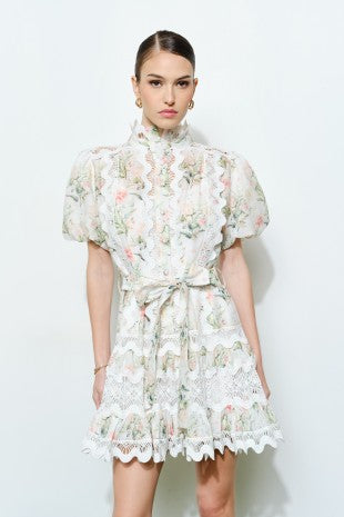 Romantic Floral Lace Mock Neck Mini Dress