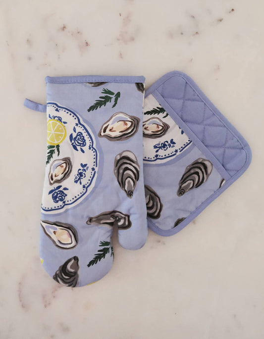 Cotton Oven Mitt + Pot Holder Set | Oysters