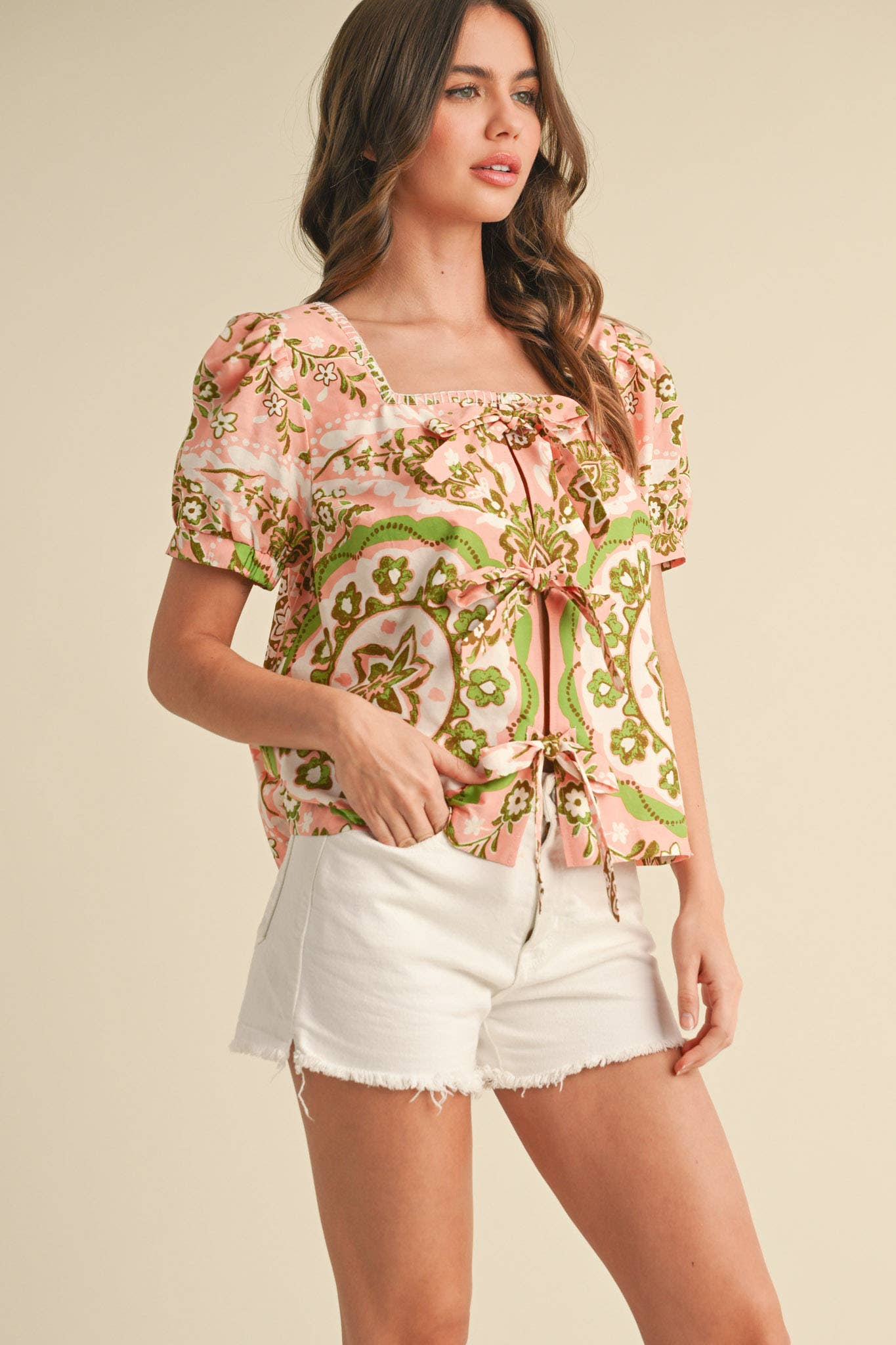 MEDALLION PRINT TIE FRONT PUFF SLEEVE TOP MTP3930