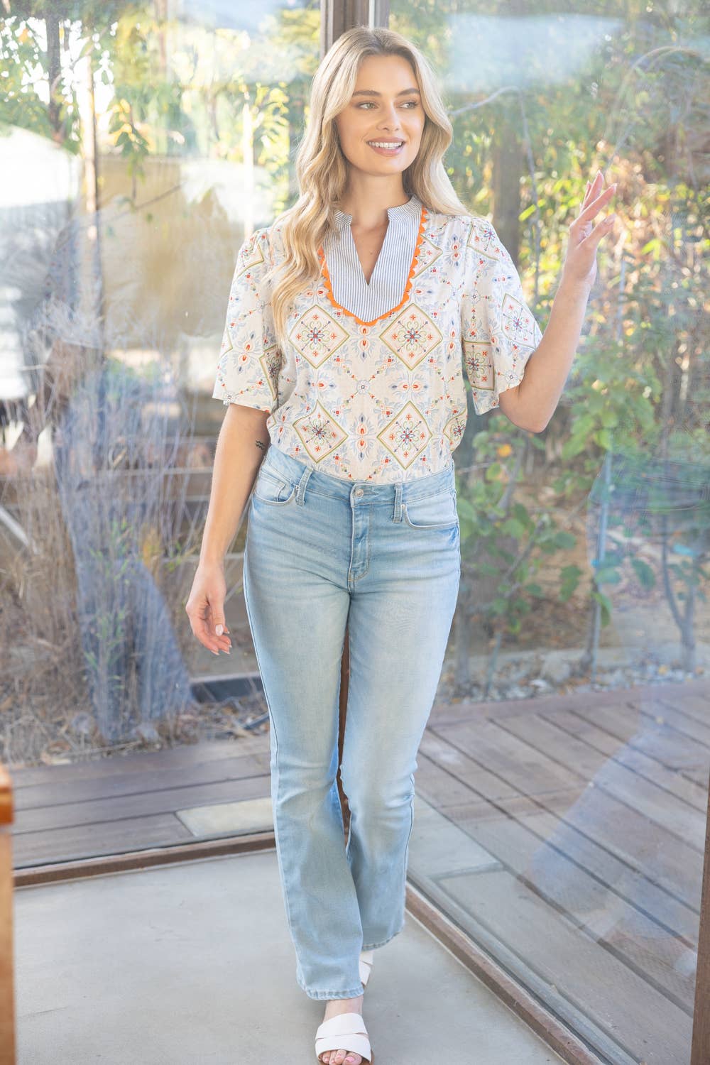 Wave Trim Striped Yoke Embroidery And Printed Top