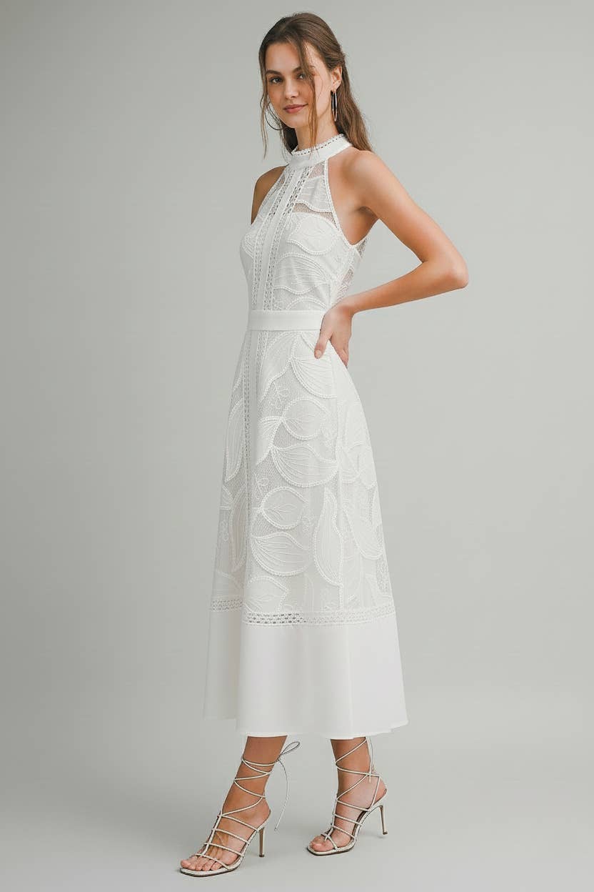 High Neck Lace Midi Dress