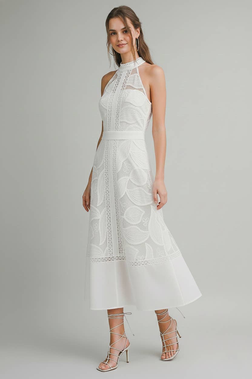 High Neck Lace Midi Dress