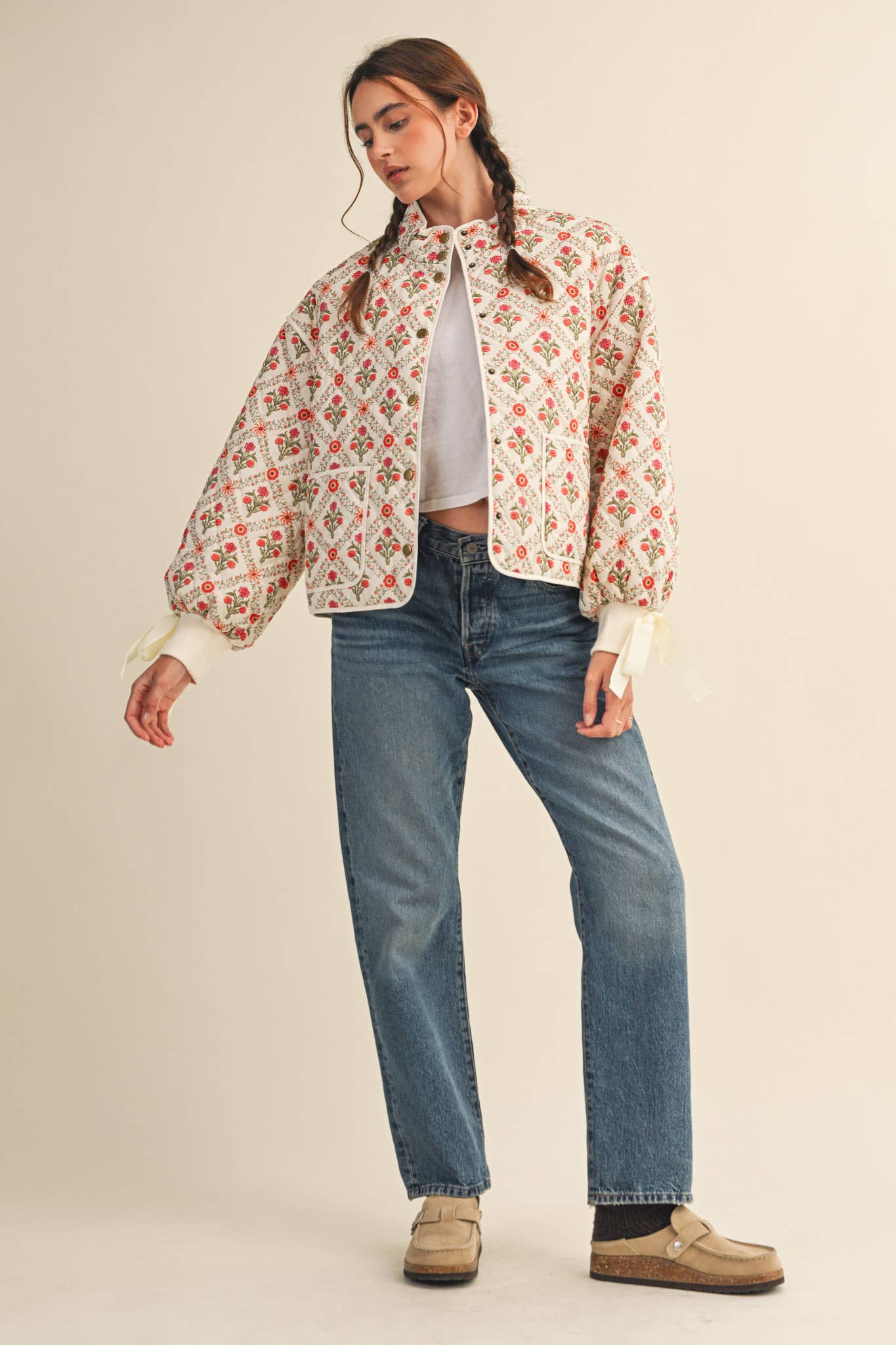 FLORAL QUILTED JACKET WITH RIBBON DETAIL