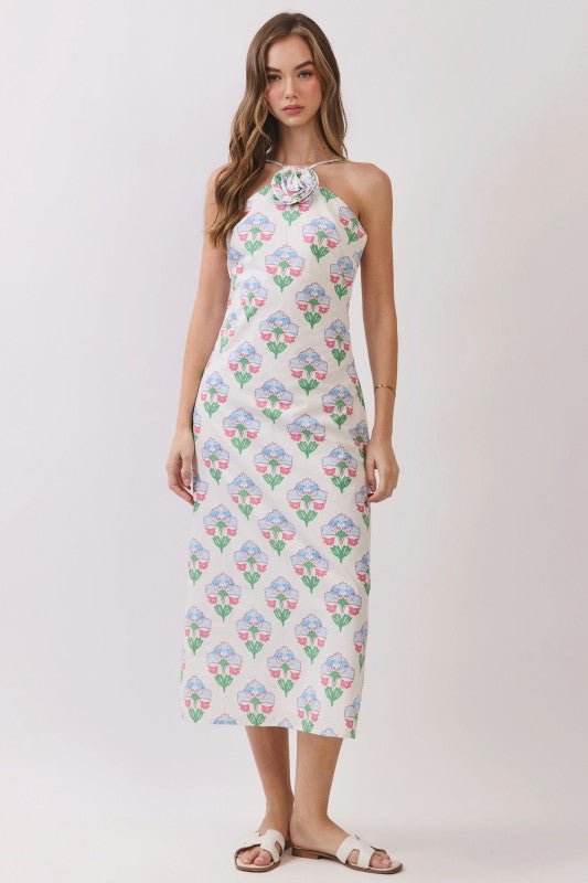 Floral Print Halter Midi Dress With Rosette Detail