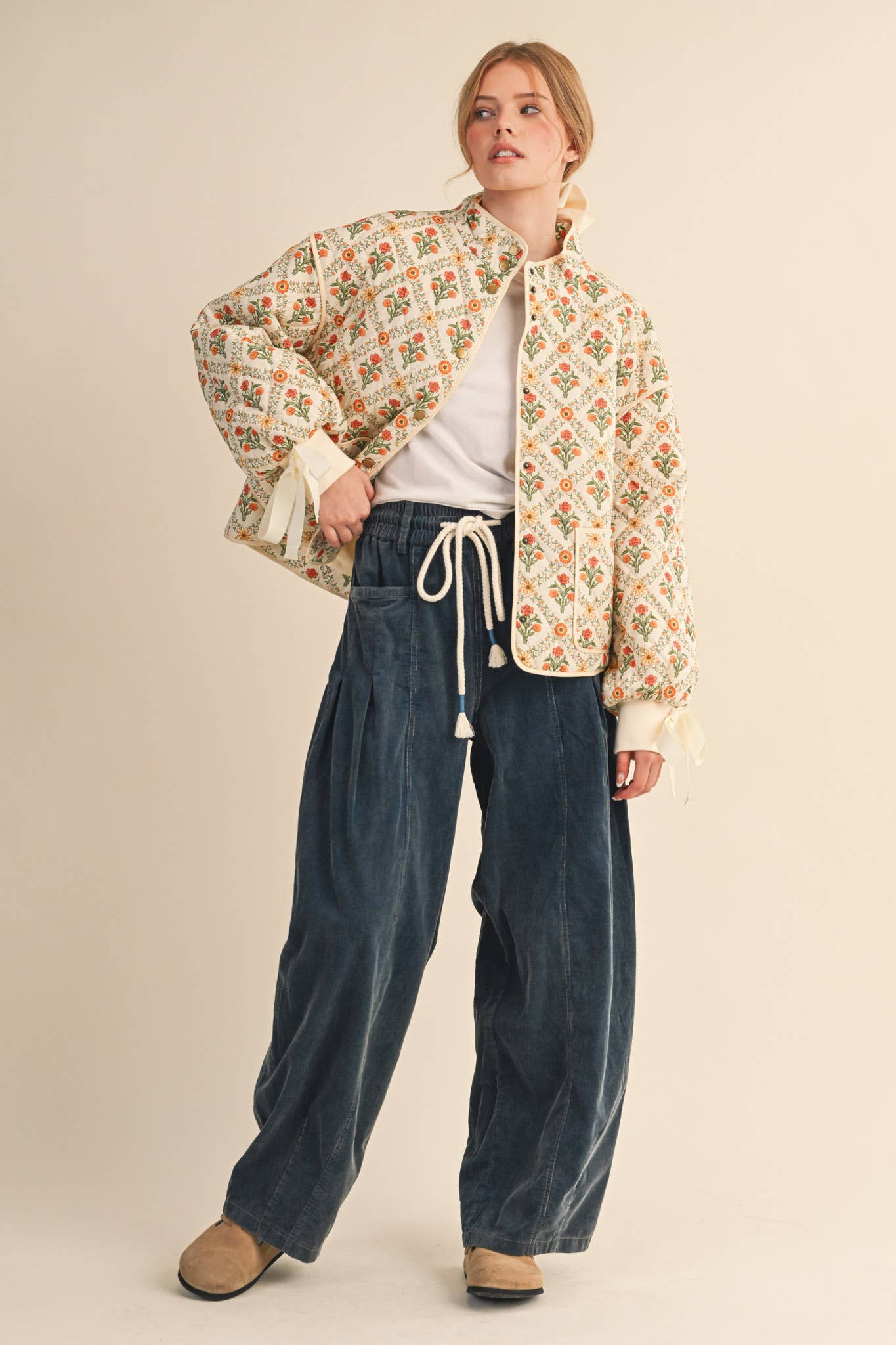 FLORAL QUILTED JACKET WITH RIBBON DETAIL