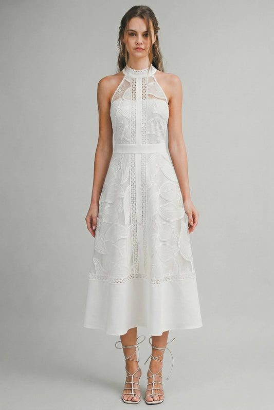 High Neck Lace Midi Dress