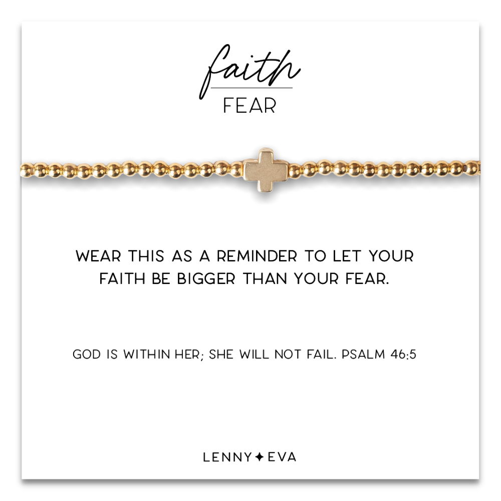 Faith Over Fear Gold Beaded Stretch Bracelet w/ Cross