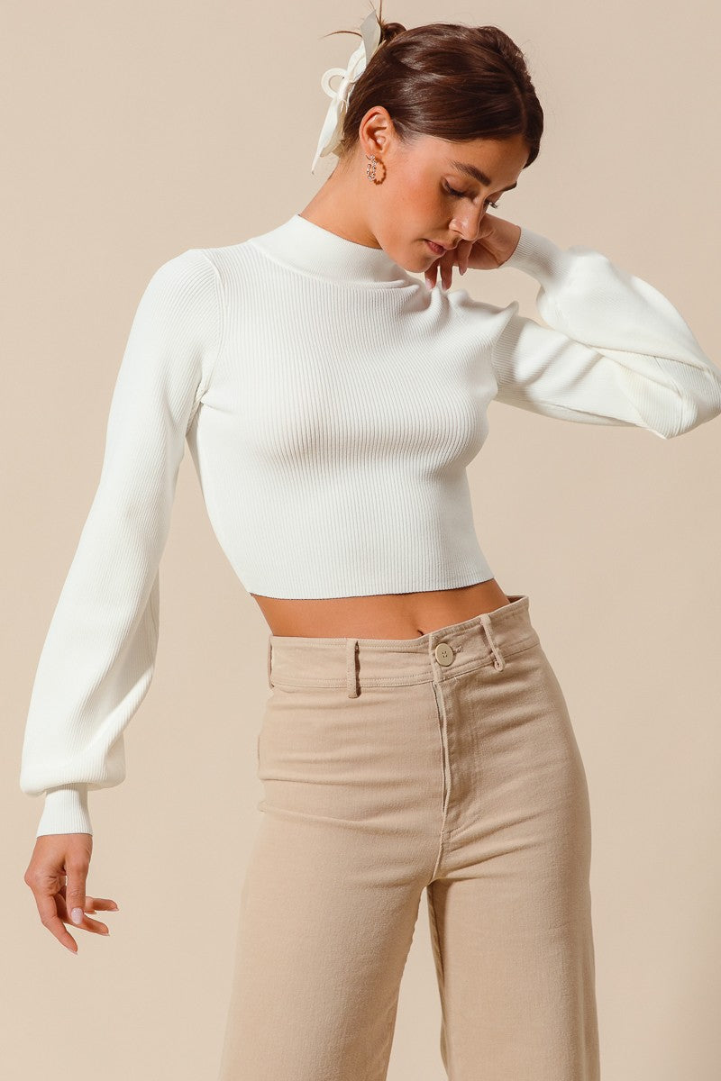 Open Back Tie Bow Sweater With Puff Sleeves