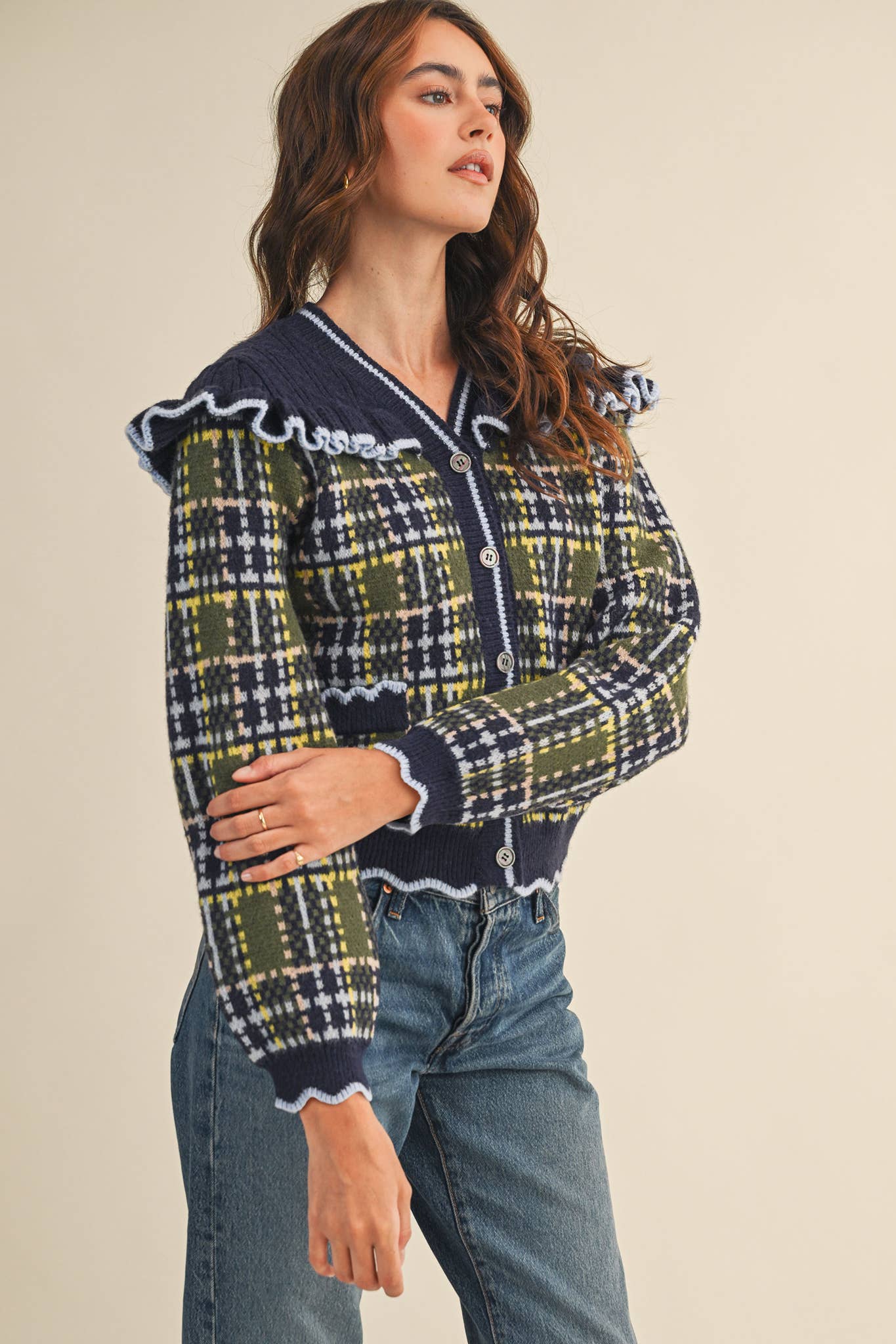 RUFFLED YOKE PLAID SWEATER CARDIGAN